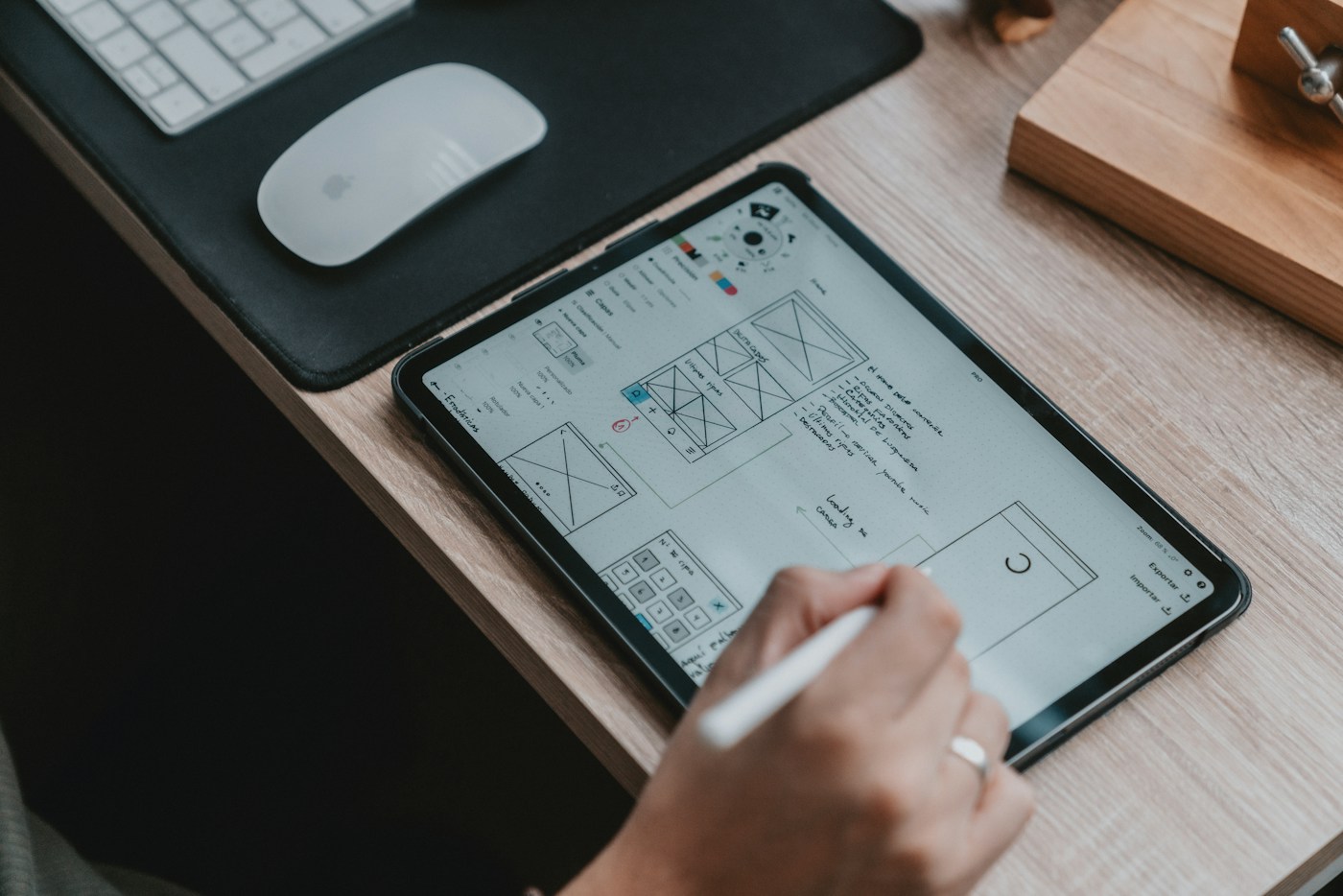 Hand sketching interface wireframes on a tablet